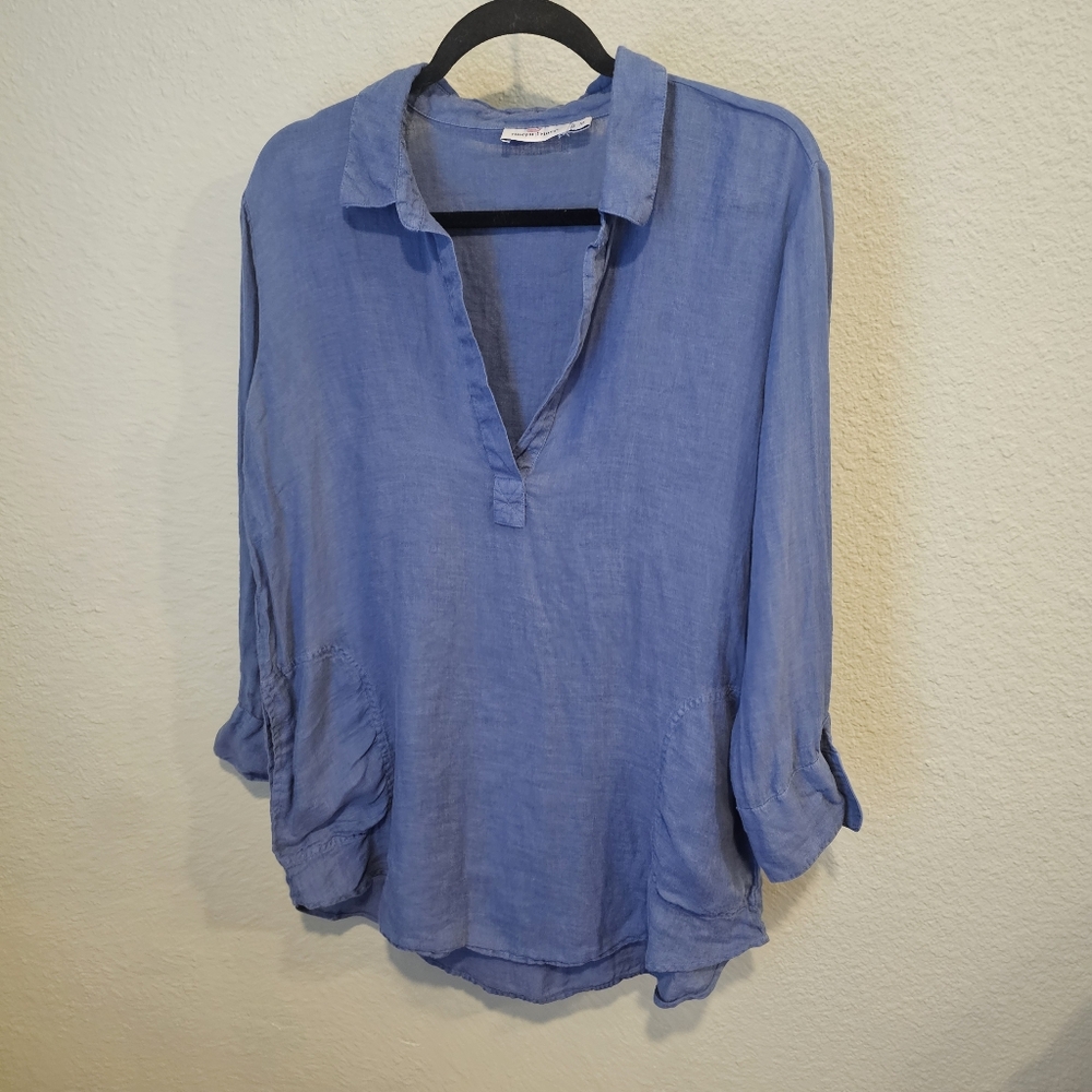 Vineyard Vines Blue 100% Linen Tunic Top Shirt Size M V Neck Collared W/Pockets